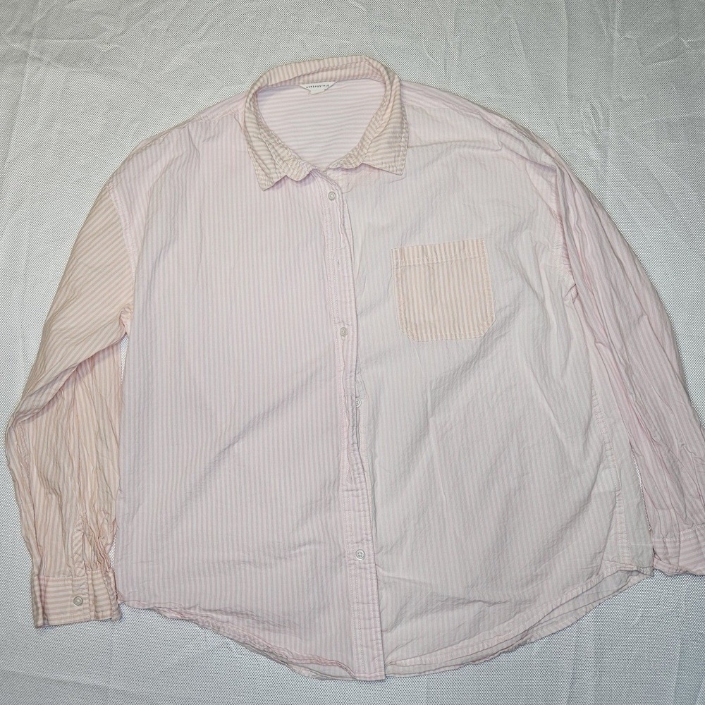 Aeropostale Womens Pink White Striped Cotton Button Down Shirt Large 100% Cotton